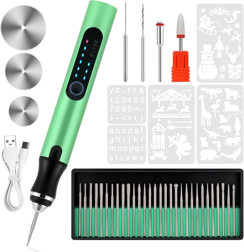 Timntts Electric Engraving Pen with 37 Bits, USB Rechargeable Cordless Etching Engraving Tool, Portable DIY Rotary Engraver for Jewelry Wood Glass Stone Carving (Green) - Image 1